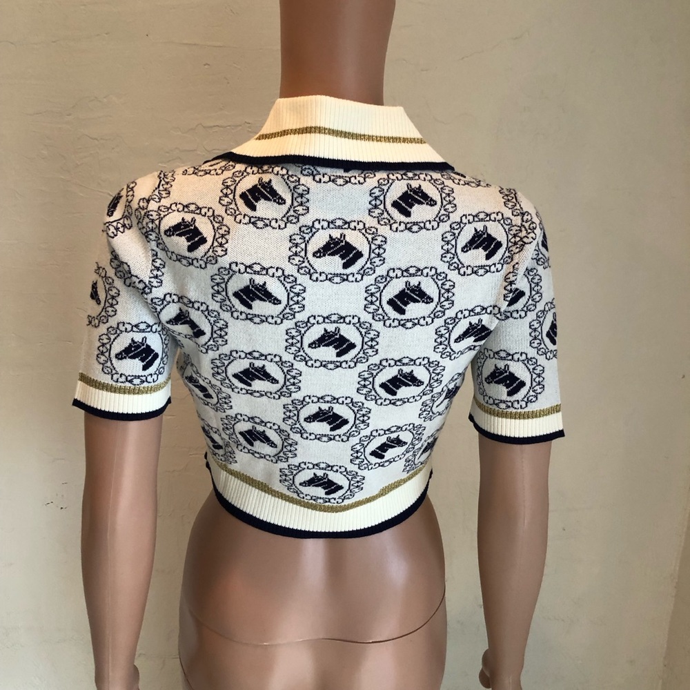 Gucci Equestrian Jacquard Polo Short Sleeves Sweater Cream/Navy Women's Size XS - Picture 2 of 16